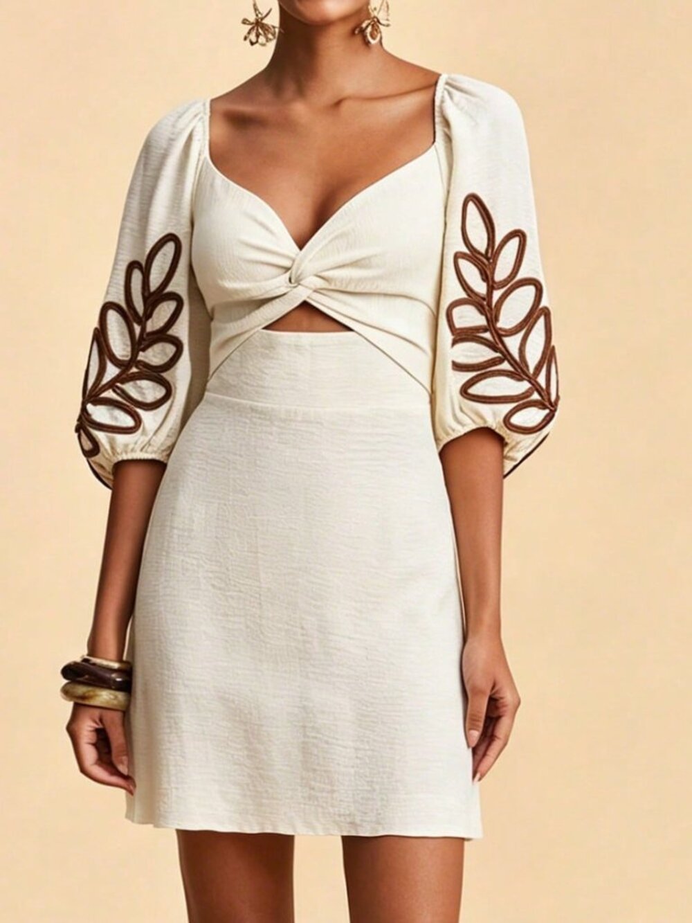 Apricot Casual Women's Vacation Plant Decor Twist Mini Dress - Picture 6 of 6